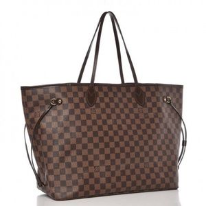 This is an authentic LOUIS VUITTON Damier Ebene Neverfull GM. Red inside.